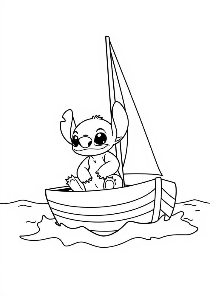 Desenho do Stitch navegando em um barco para colorir