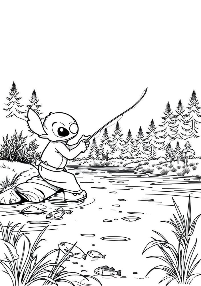 Desenho do Stitch pescando para colorir