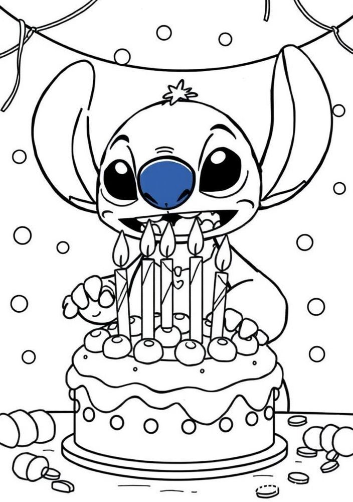 Desenho do Stitch preparando um bolo de aniversário para colorir