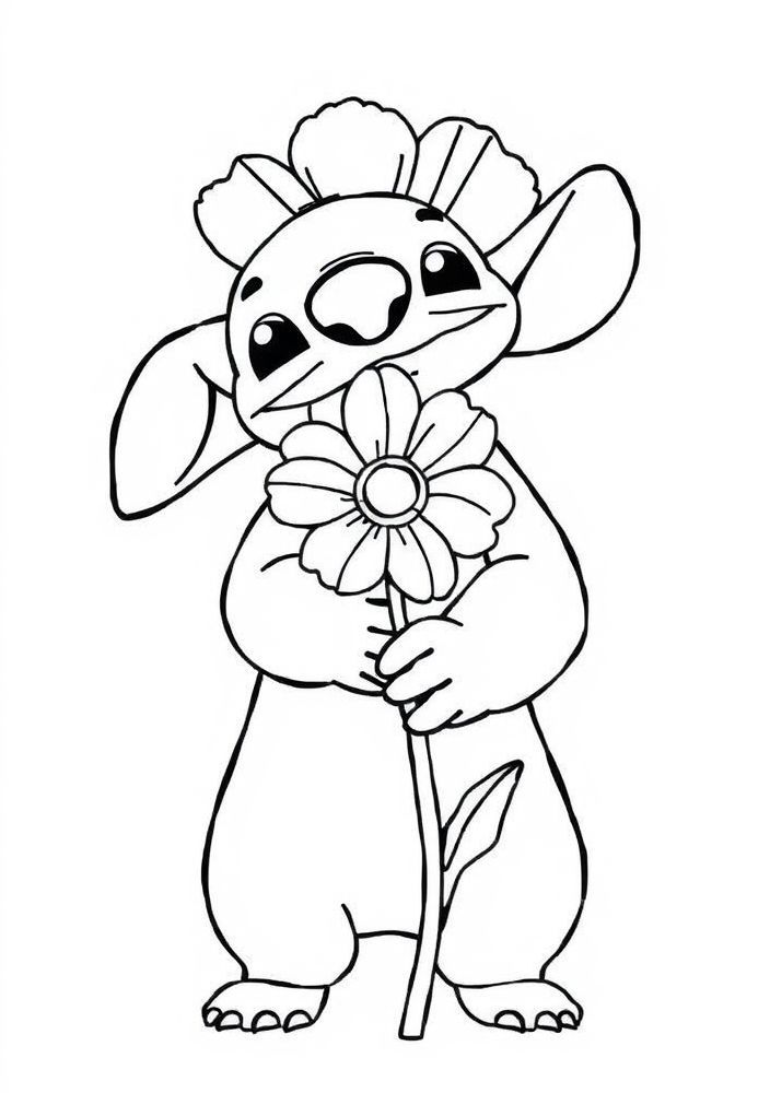Desenho do Stitch segurando uma flor para colorir