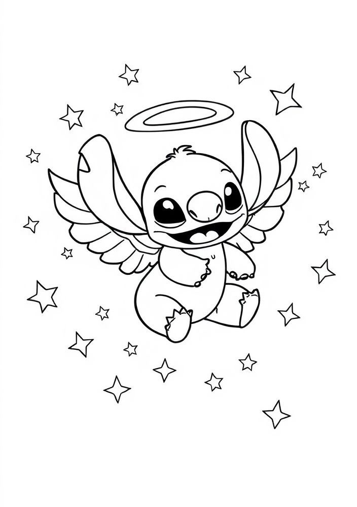 Desenho do Stitch voando com asas de anjo para colorir