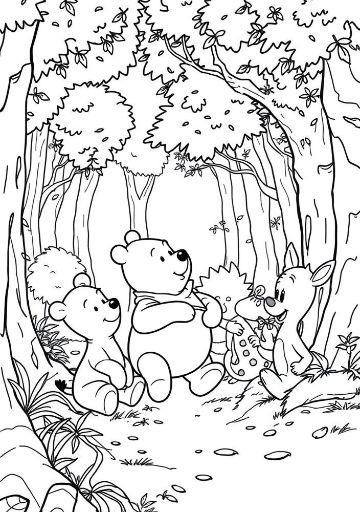 Desenho do Ursinho Pooh com seus amigos em uma cena do bosque para colorir
