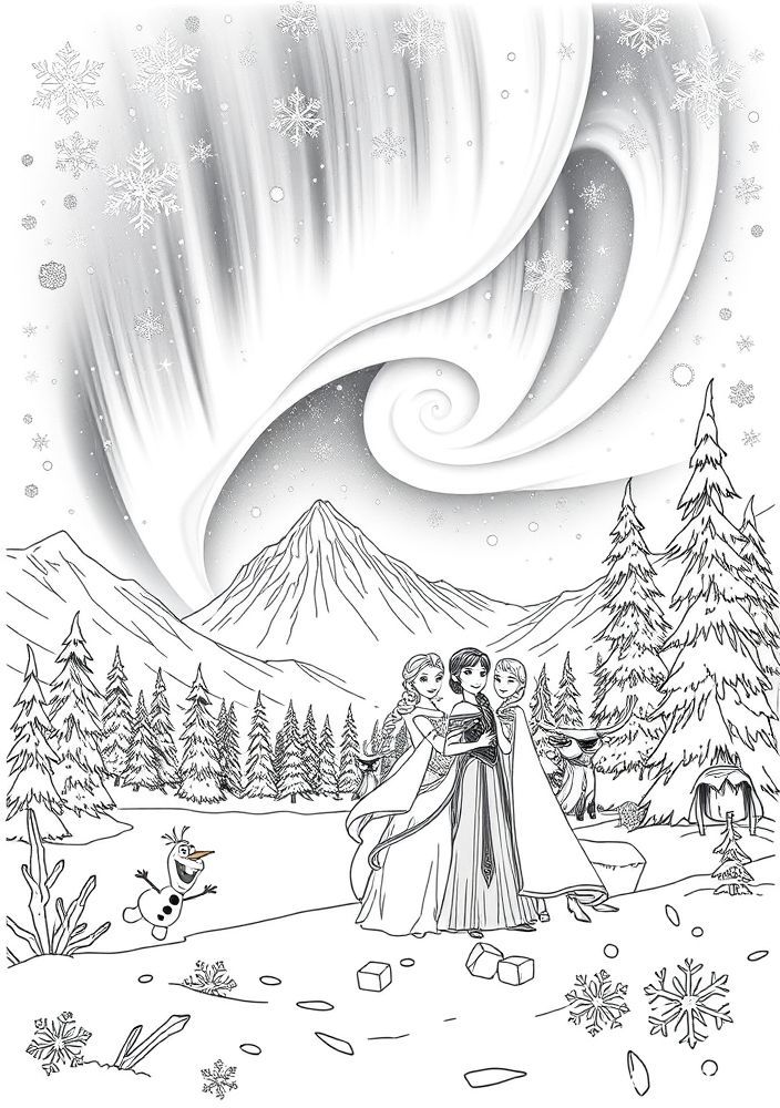 Desenho do aurora boreal com personagens de 'Frozen' para colorir