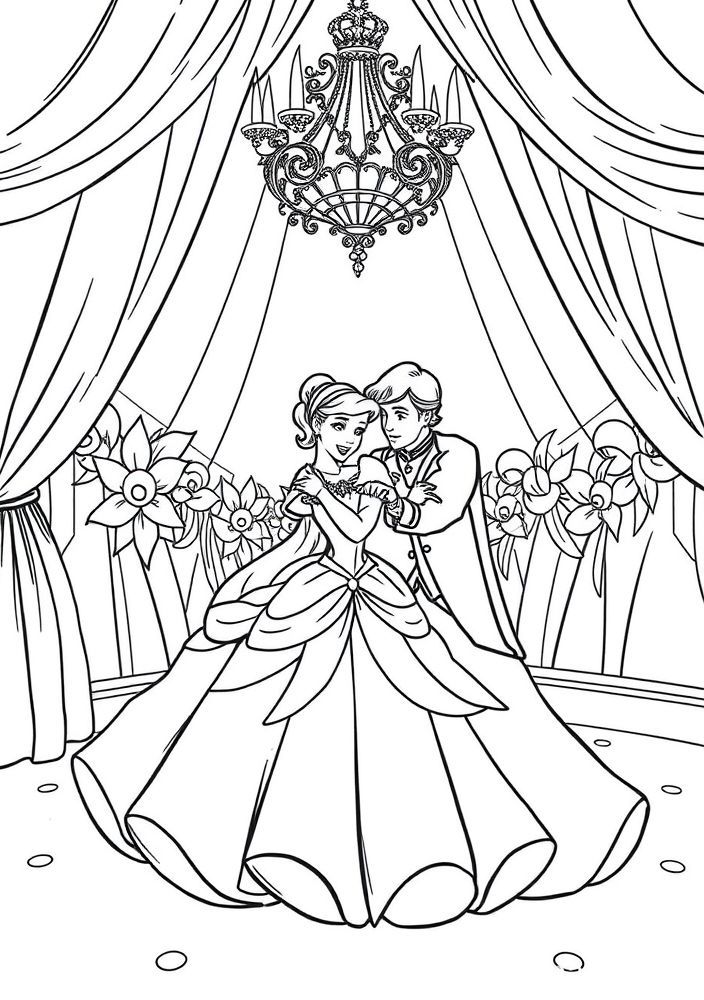 Desenho do baile real com Cinderela e o príncipe para colorir
