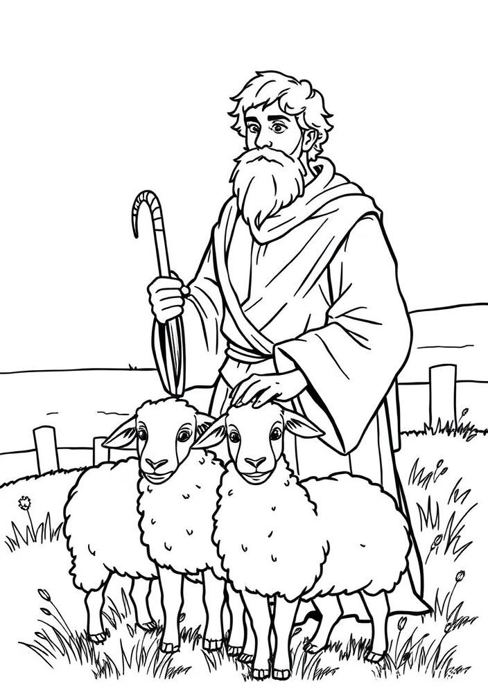 Desenho do bom pastor cuidando das ovelhas para colorir