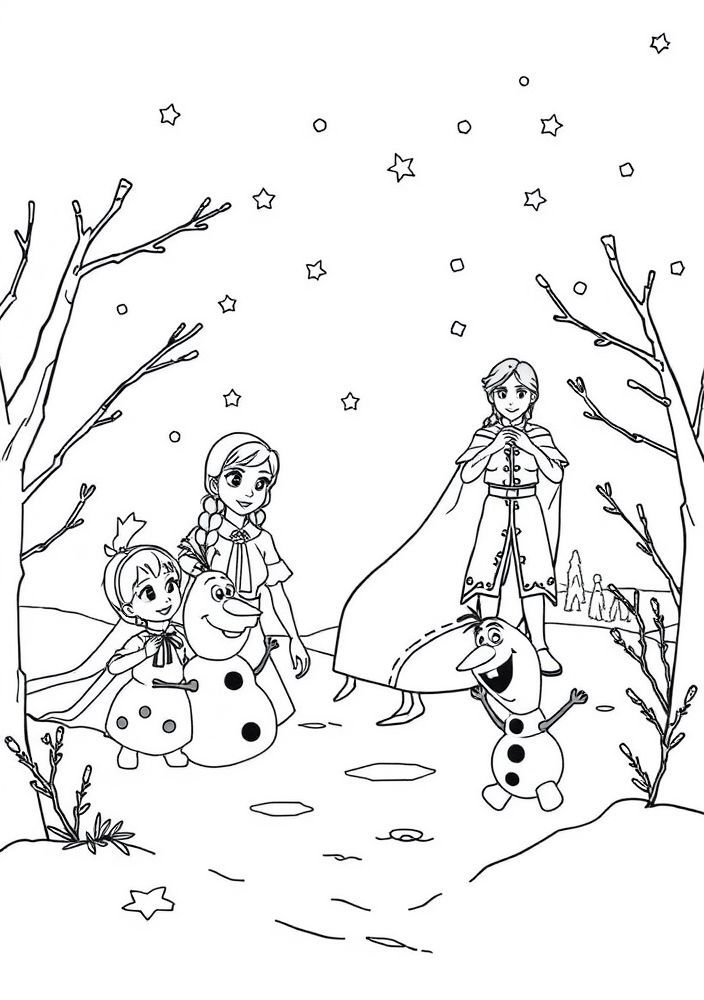Desenho do elenco de 'Frozen' se divertindo no inverno para colorir