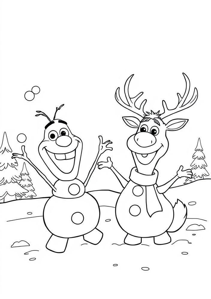 Desenho do lado divertido de Olaf e Sven para colorir