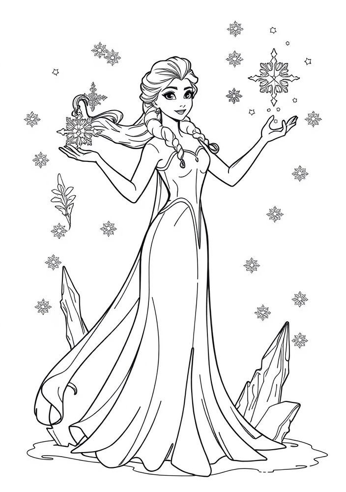 Desenho do momento em que Elsa usa seus poderes para criar gelo para colorir