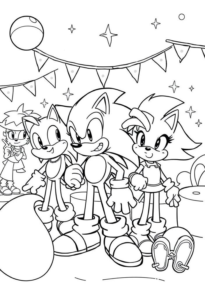 Desenho do mundo de Sonic em uma cena de festa para colorir