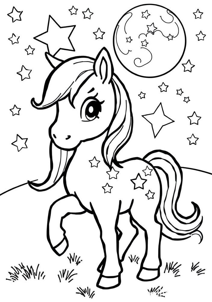 Desenho do pônei com estrelas e lua para colorir