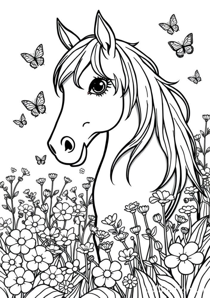 Desenho do pônei no jardim para colorir
