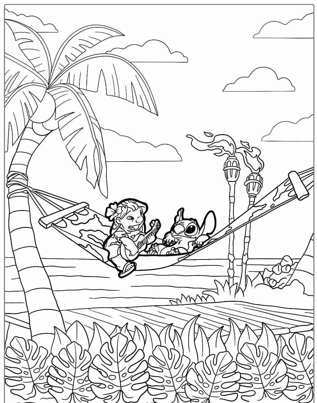 Desenho de Lilo e Stitch relaxando na rede para colorir na praia tropical