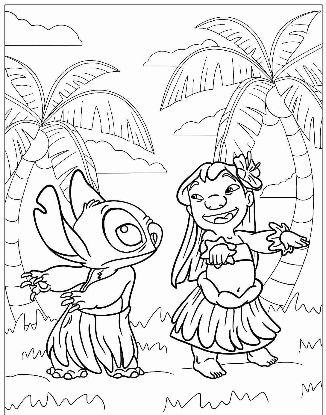 Desenho de Lilo e Stitch dançando hula em um luau para colorir.