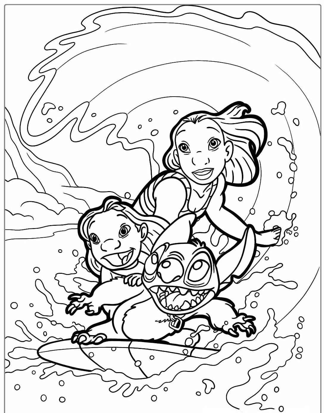 Desenho de Lilo e Stitch surfando em uma onda para colorir.