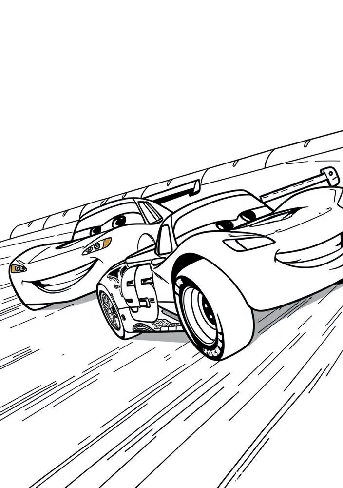 Desenho do treino de corrida com Relâmpago McQueen e Cruz para colorir