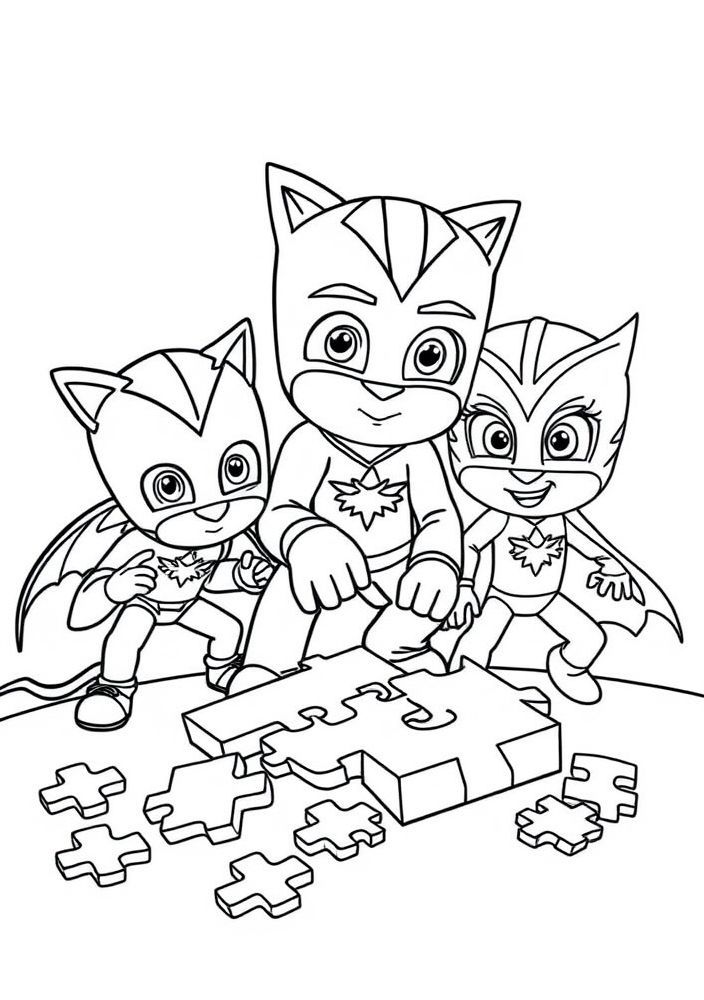 Desenho dos Pj Masks em um quebra-cabeça para colorir