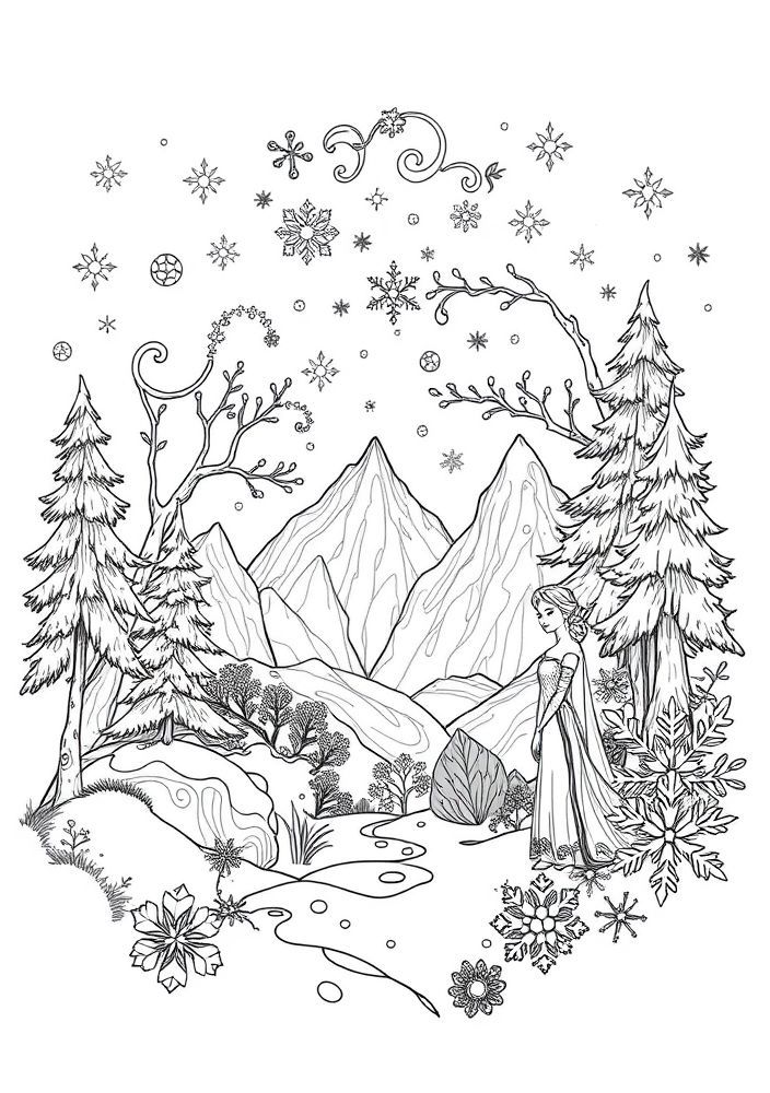 Desenho dos elementos da natureza representados pelas personagens de Frozen para colorir
