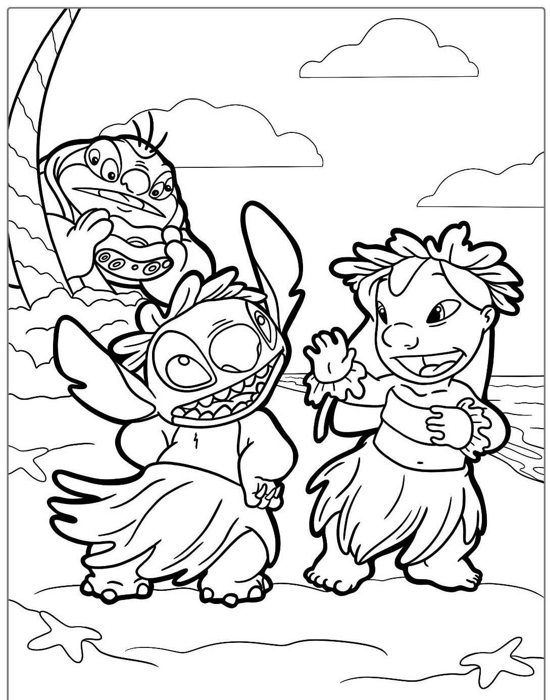 Desenhos do Stitch e Lilo dançando Hula na praia para colorir