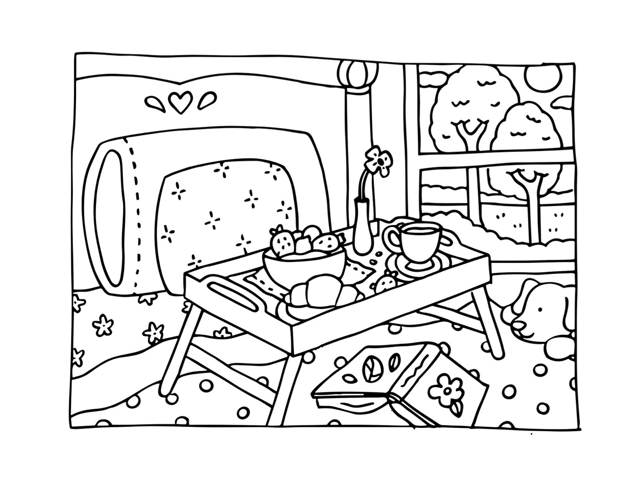 Desenho Bobbie Goods com café da manhã na cama e cachorrinho feliz