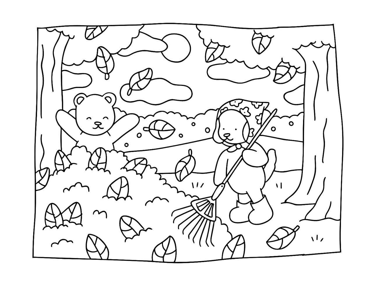 Bobbie Goods brincando com folhas secas no outono para colorir e imprimir