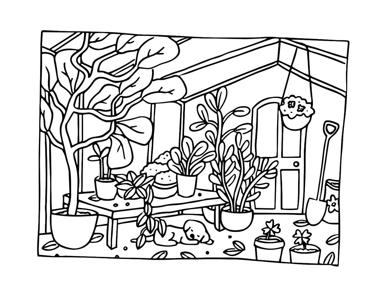 Bobbie Goods estufa com plantas e cachorro para colorir e imprimir