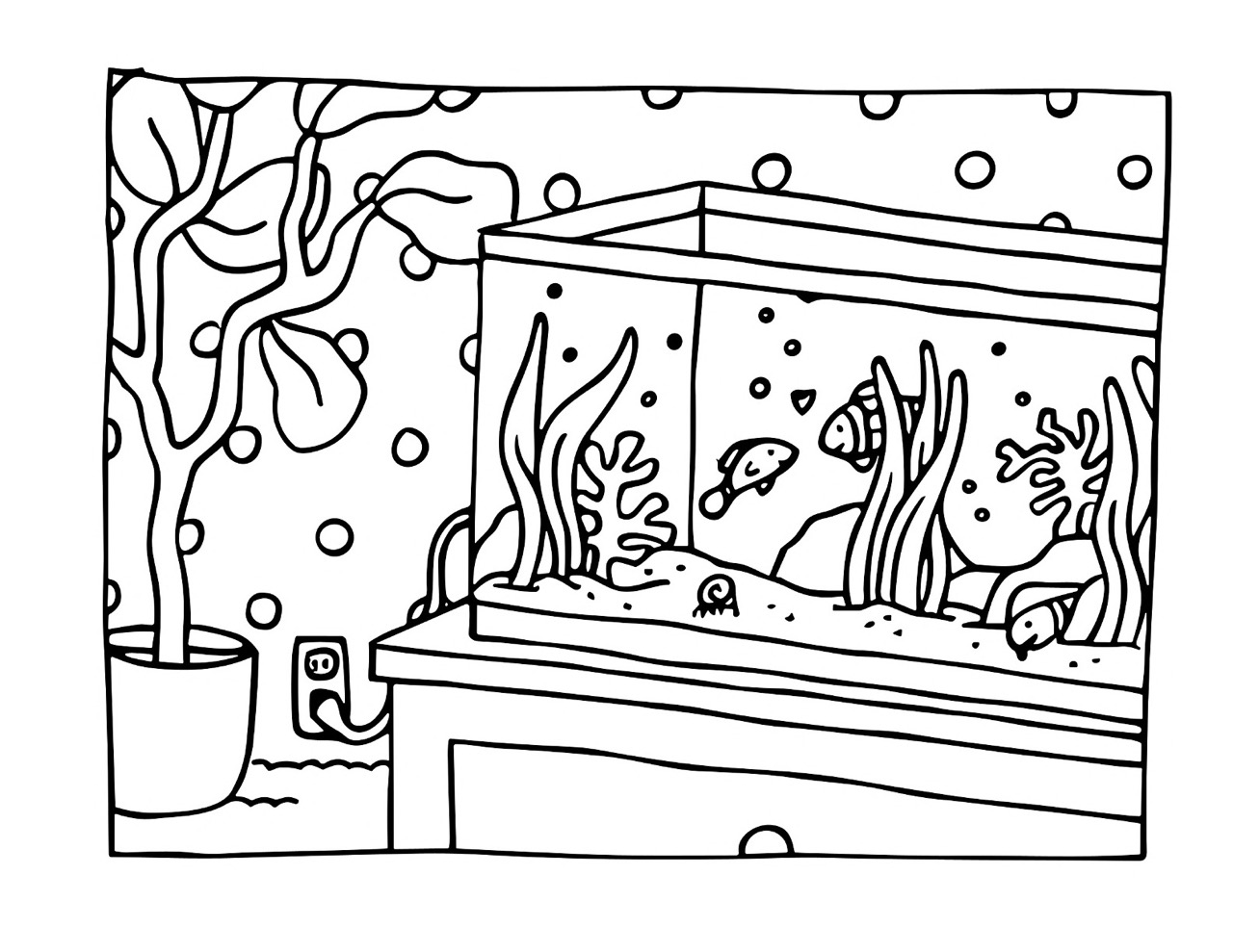 Bobbie Goods com aquário cheio de peixes e planta decorativa