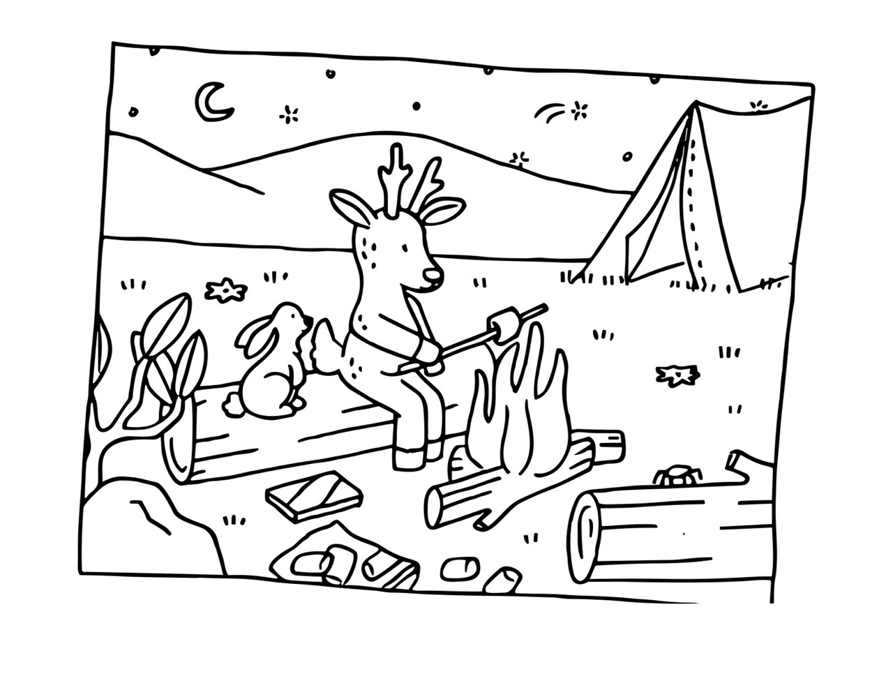 Bobbie Goods acampando com coelho assando marshmallow na fogueira