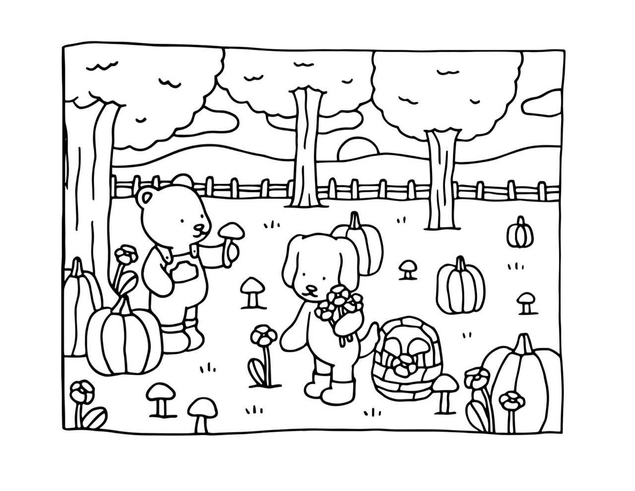 Bobbie Goods outono com abóboras cogumelos e amigos para colorir