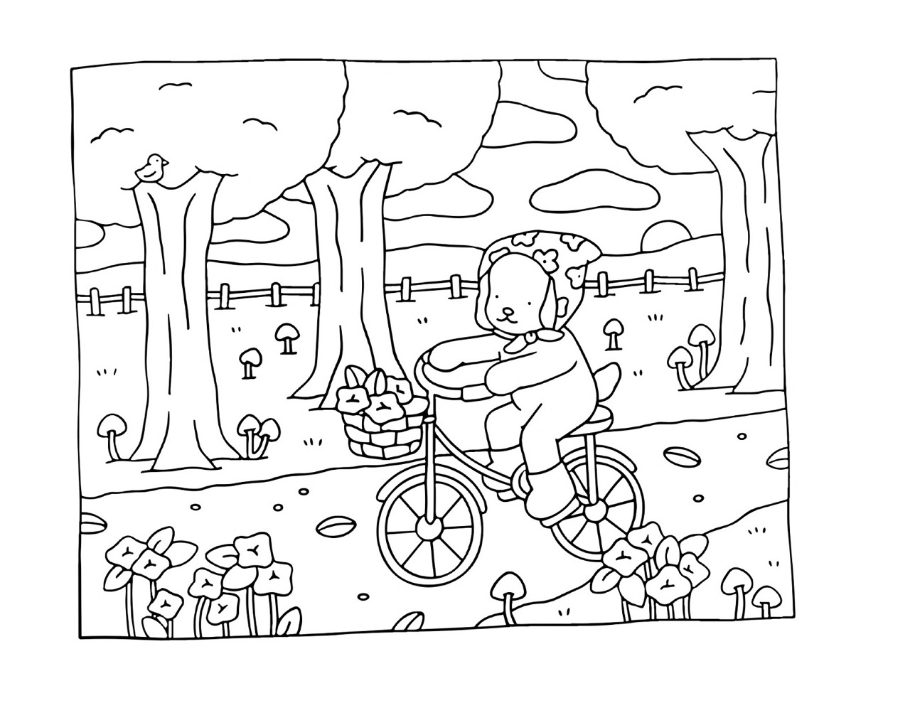 Bobbie Goods andando de bicicleta em um parque com flores e cogumelos