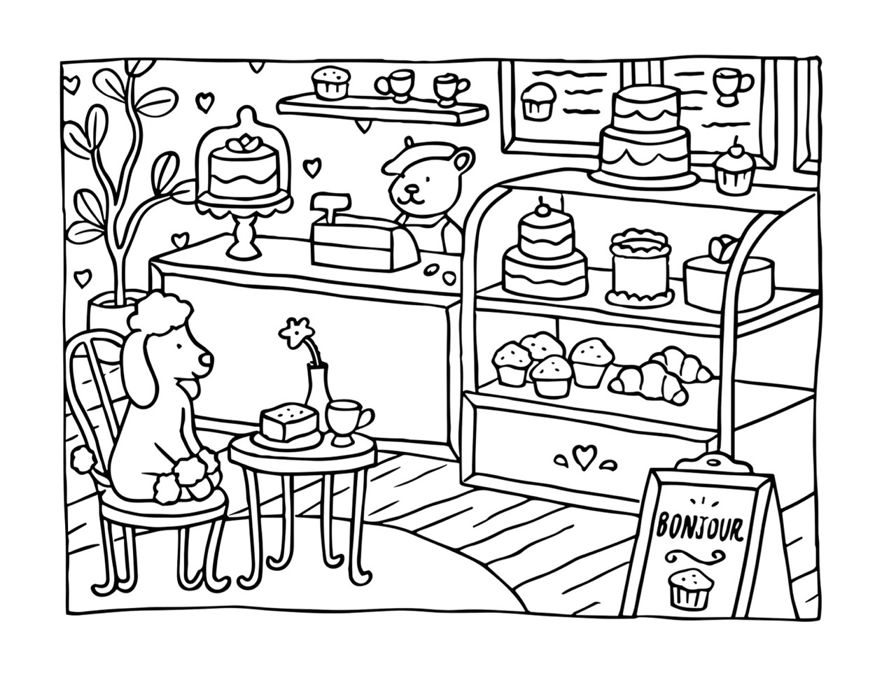 Bobbie Goods em padaria com bolos doces e um poodle charmoso