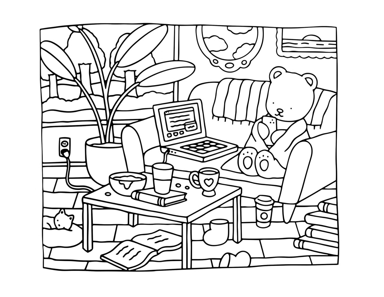 Bobbie Goods relaxando no sofá com laptop e bebidas quentes