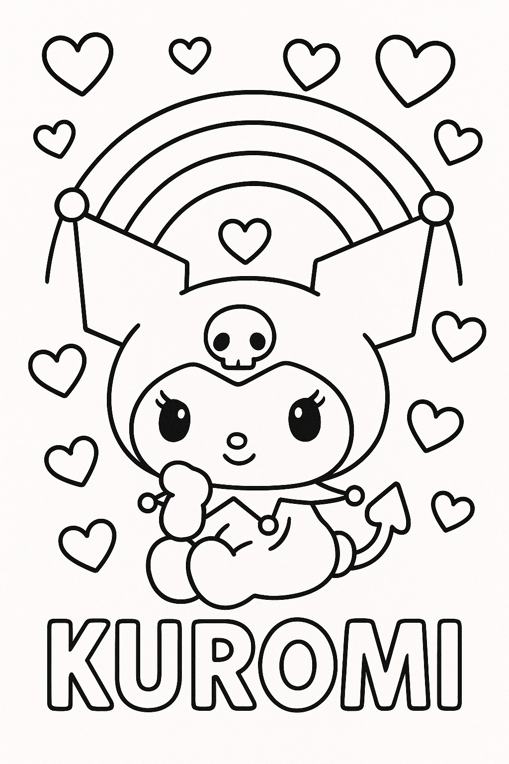 Kuromi com caveira e rabo de diabo para colorir com arco-íris e corações