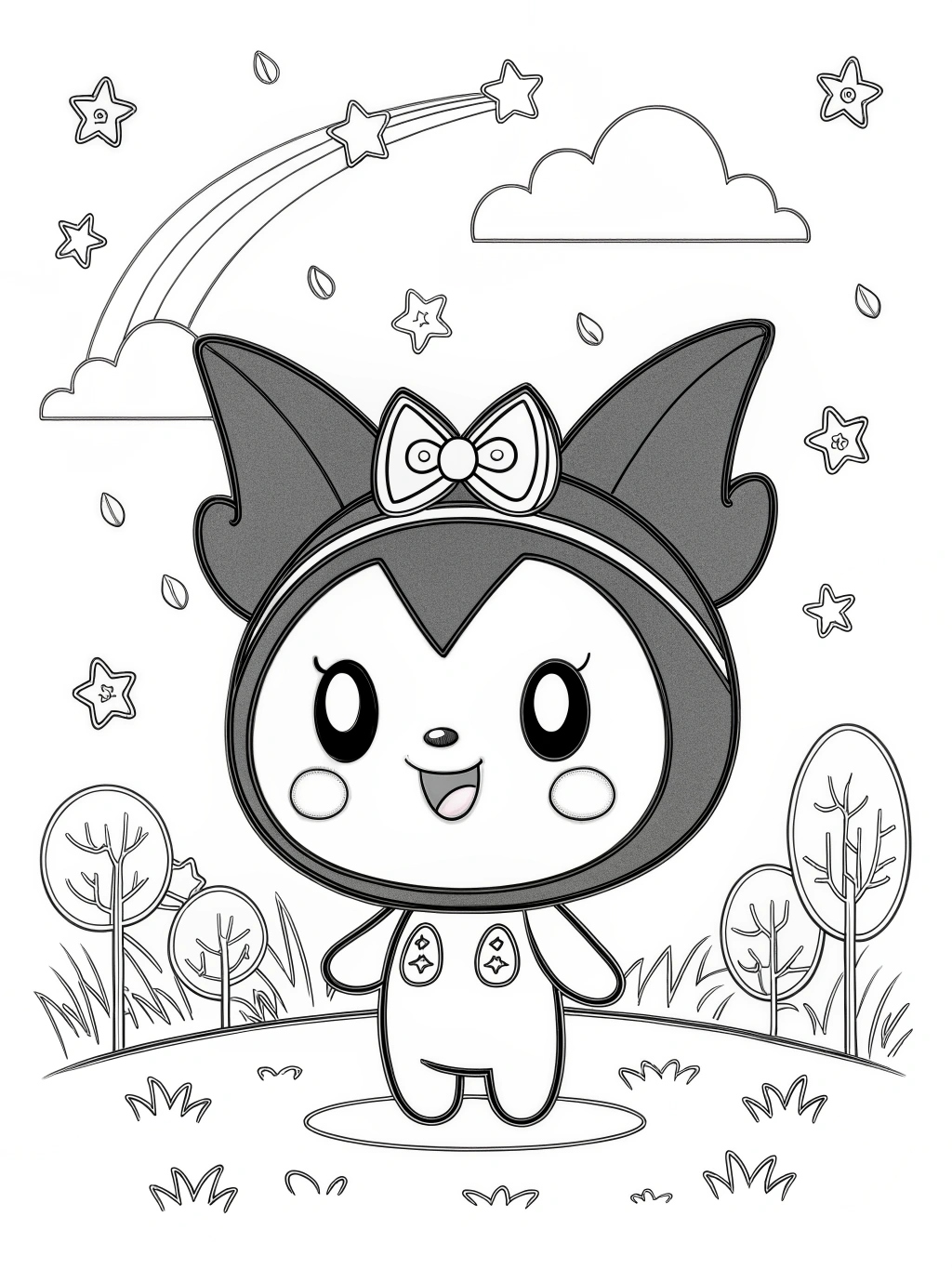 Desenho da Kuromi com laço, estrelas e arco-íris para colorir. Imprimir