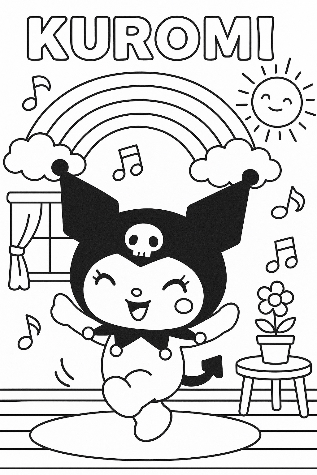 Desenho da Kuromi feliz com arco-íris, sol e notas musicais para colorir