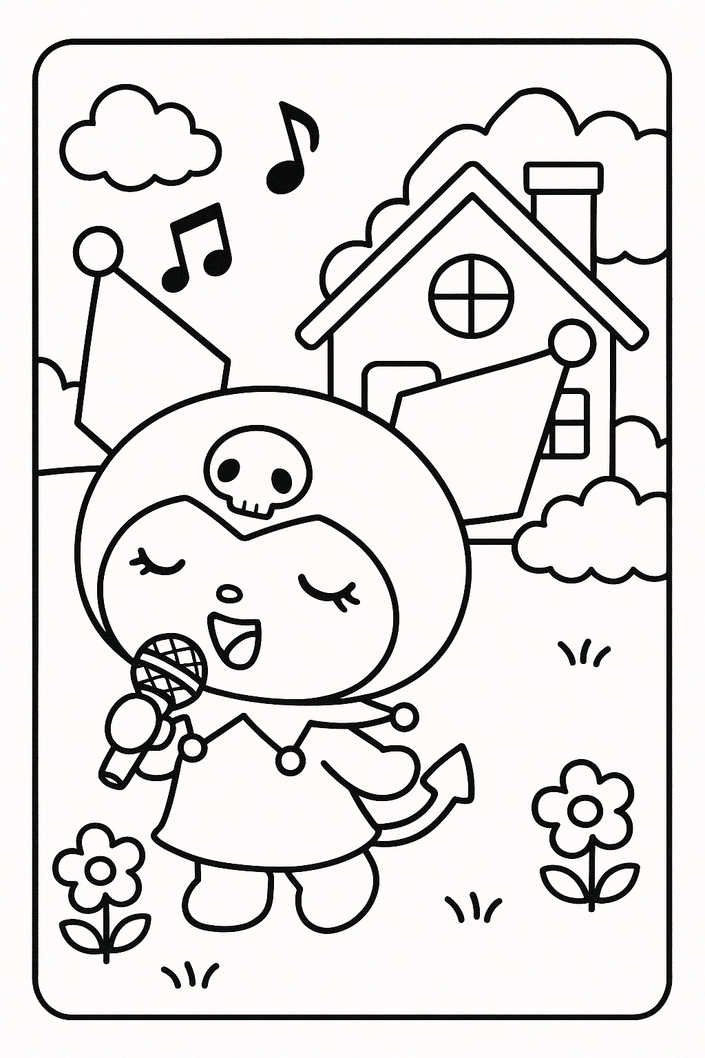 Desenho da Kuromi cantando com microfone para colorir e imprimir.