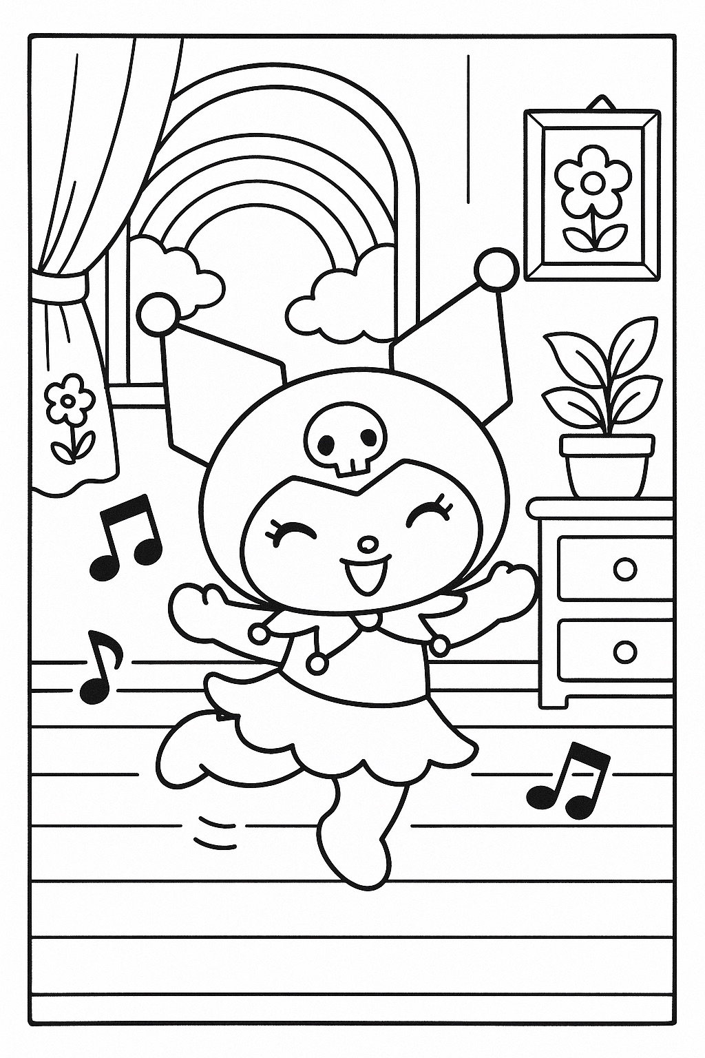Kuromi feliz dançando em desenho para colorir com arco-íris e notas.