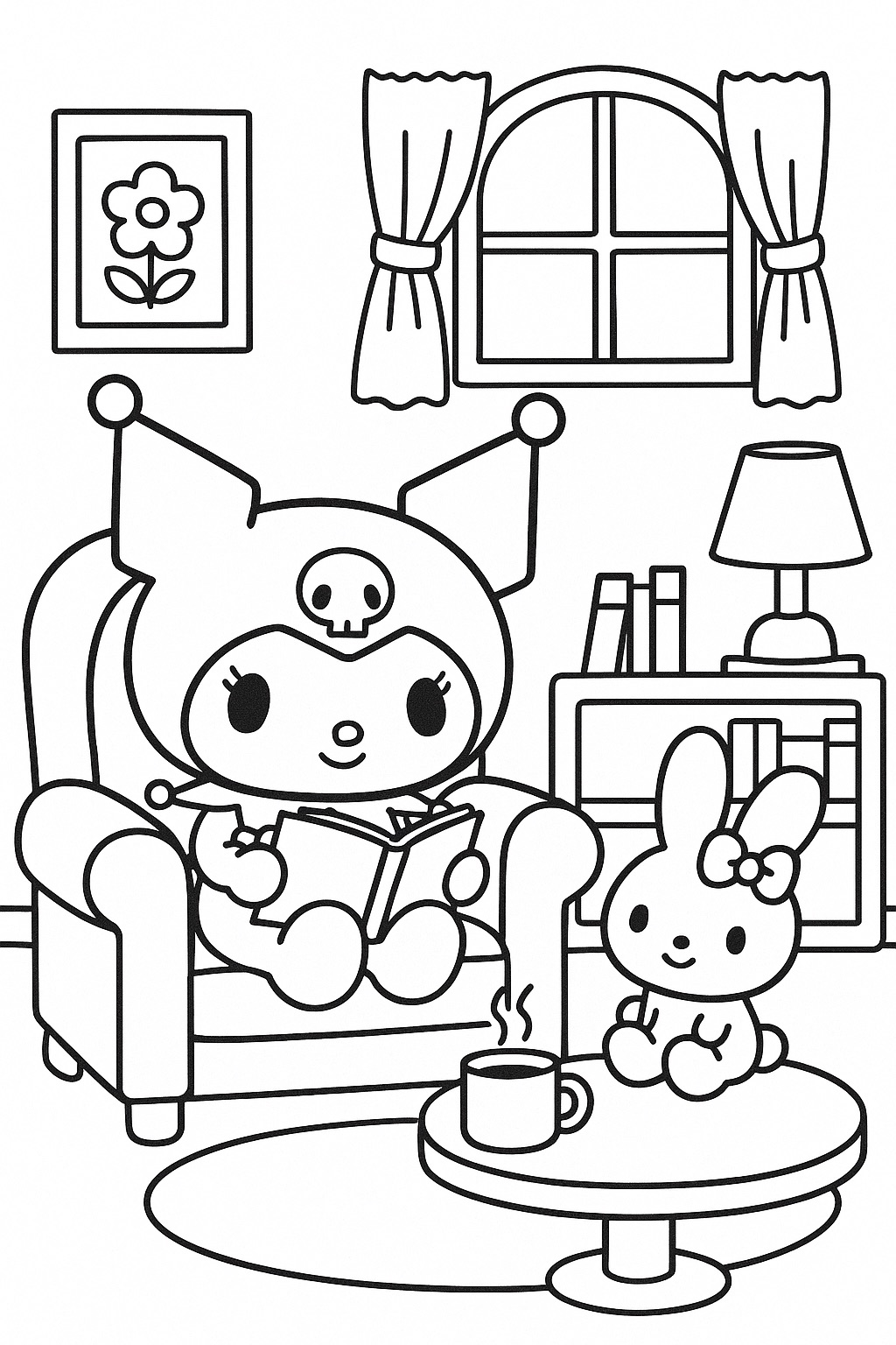 Kuromi lendo livro na poltrona com amiga coelha para colorir.