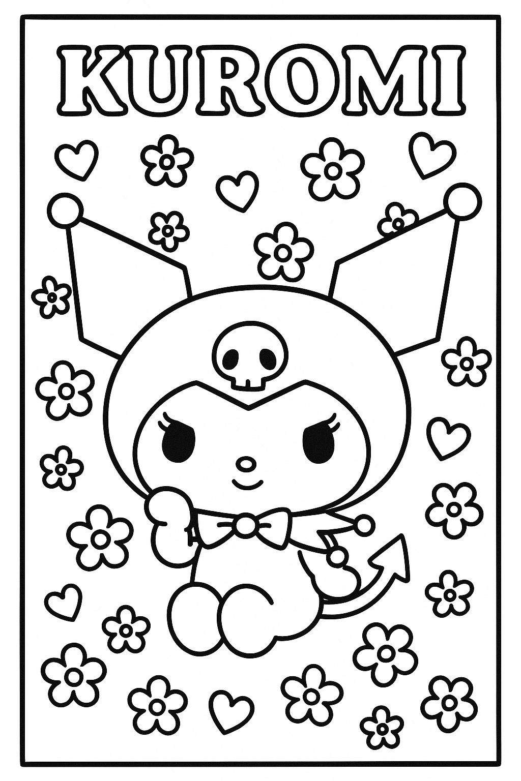 Kuromi para colorir com caveira, flores e corações em estilo kawaii.