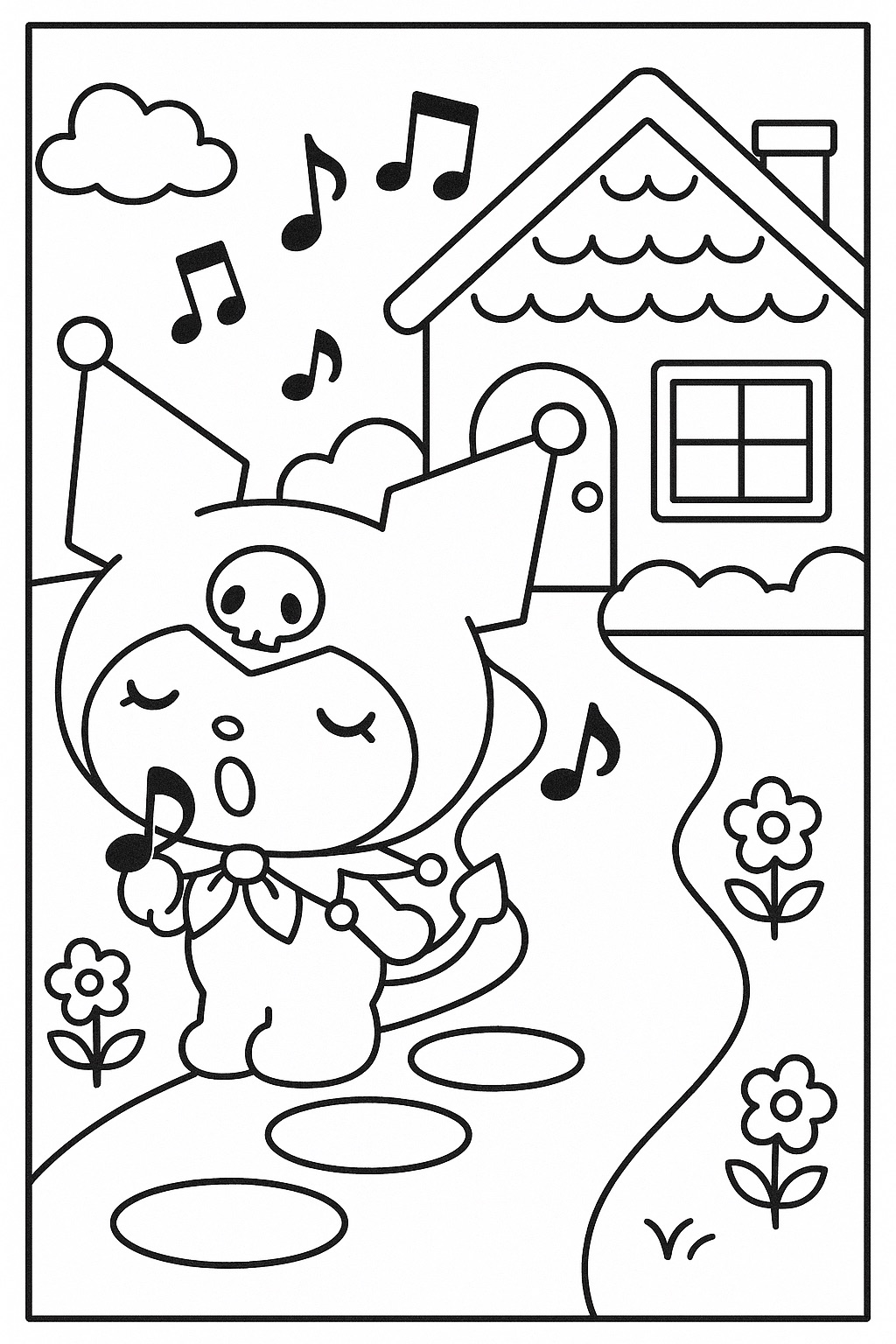 Desenho da Kuromi cantando em frente a casa com notas musicais e flores