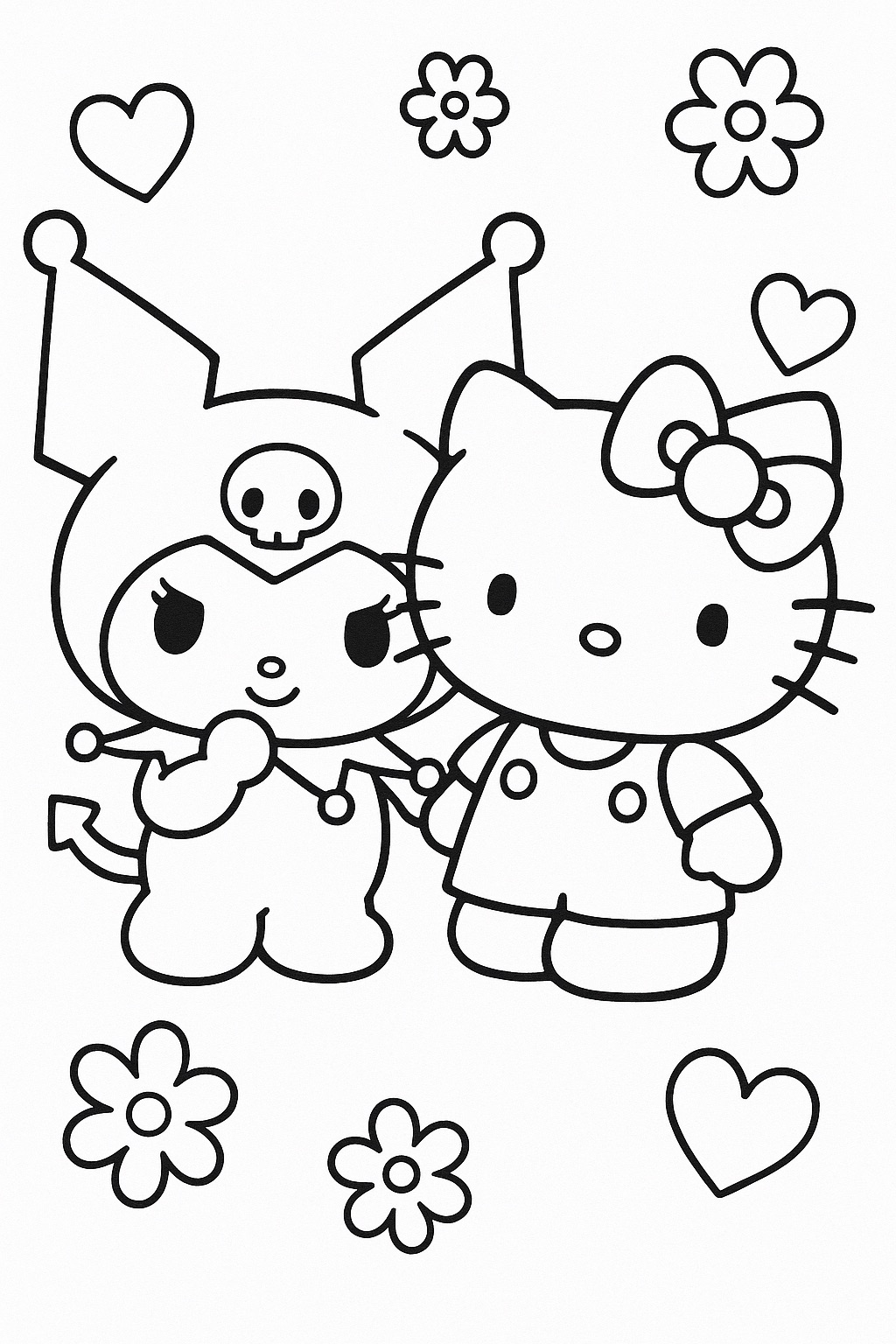 Kuromi e Hello Kitty de mãos dadas para colorir com flores e corações