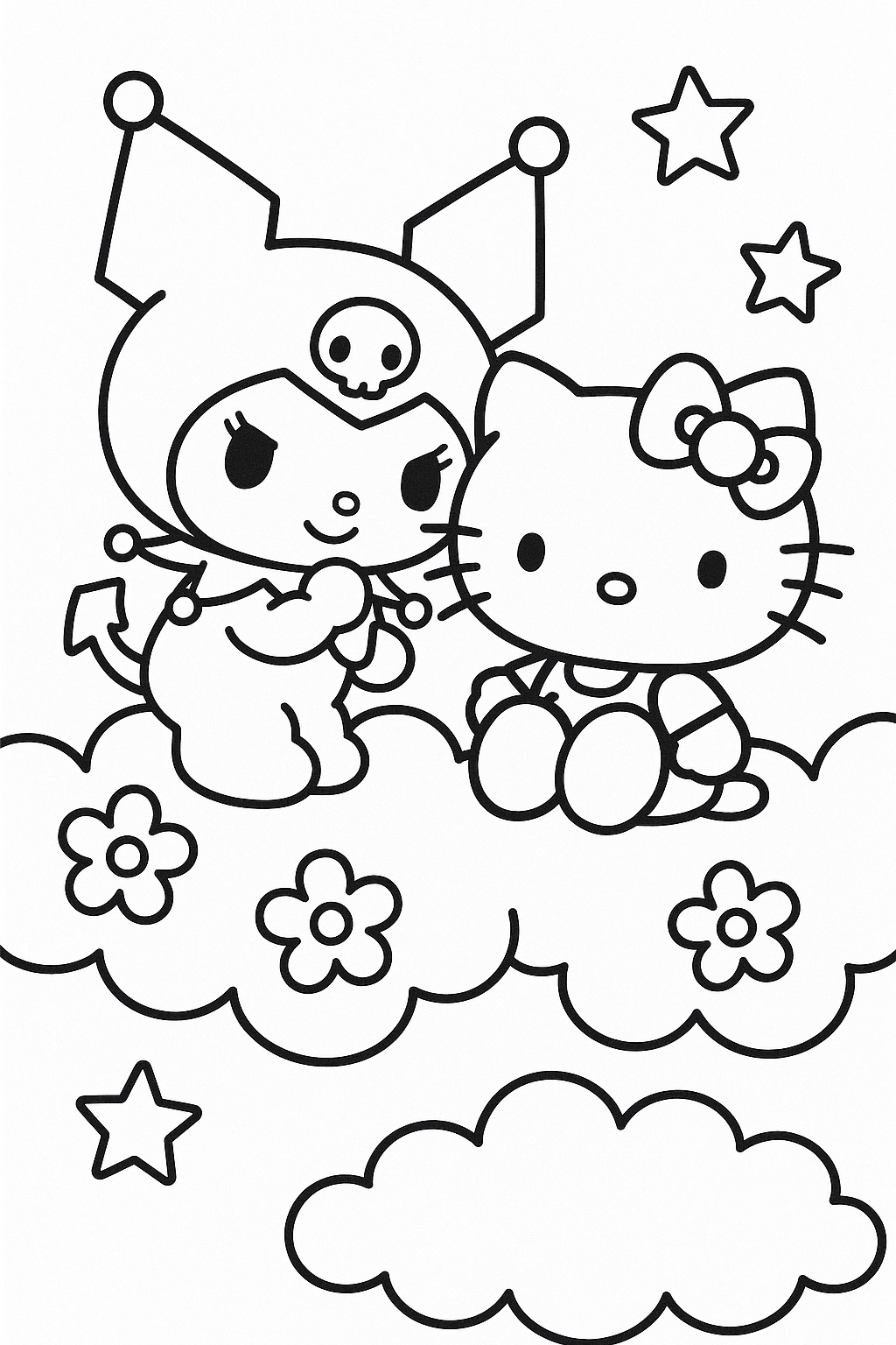 Kuromi e Hello Kitty juntas em desenho para colorir com nuvens e flores