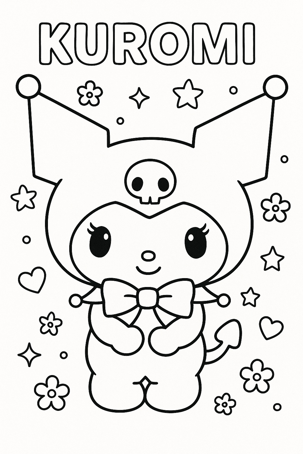 Kuromi para colorir com caveira laço flores e estrelas desenho infantil