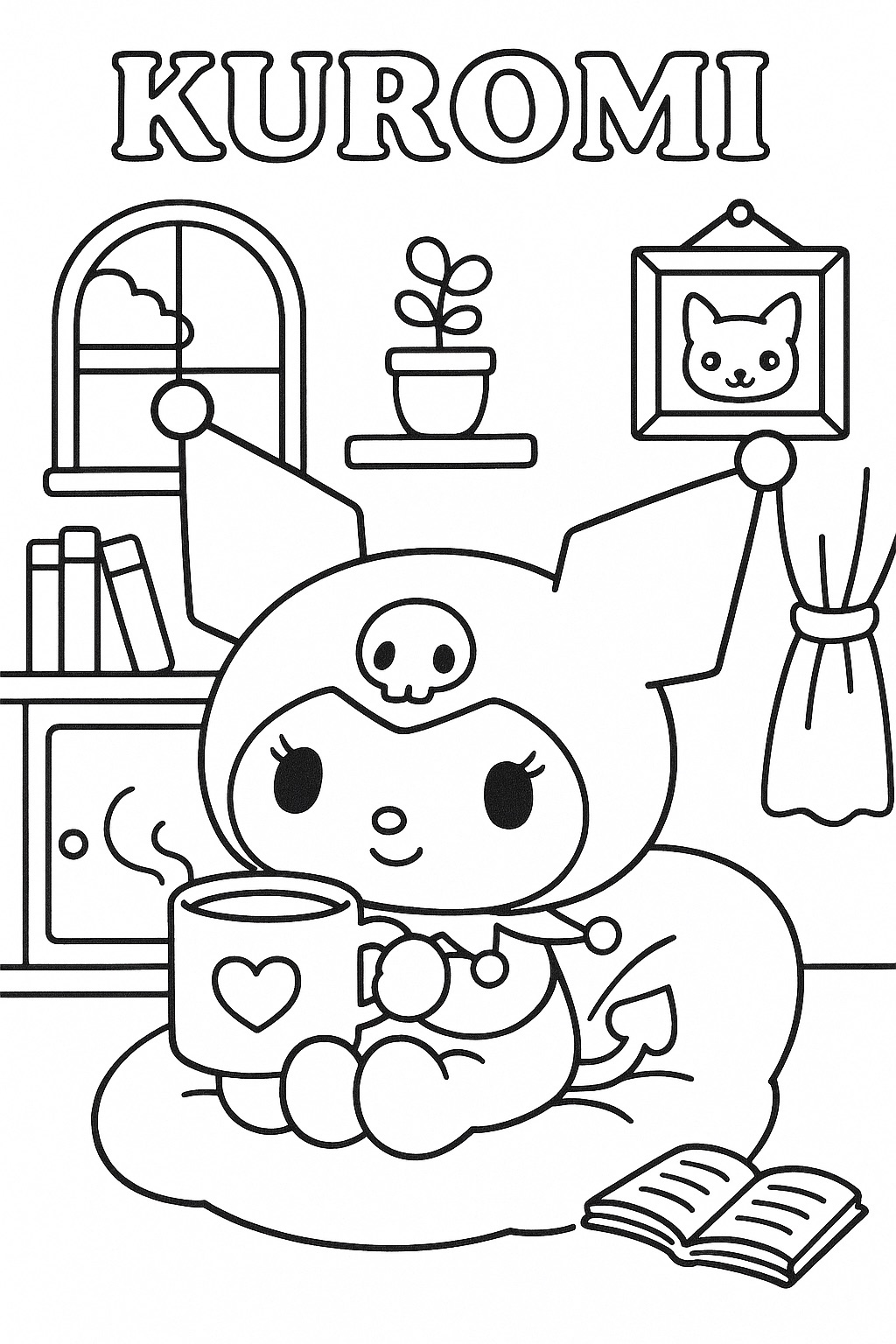 Kuromi relaxando com livro e caneca desenho para colorir imprimir