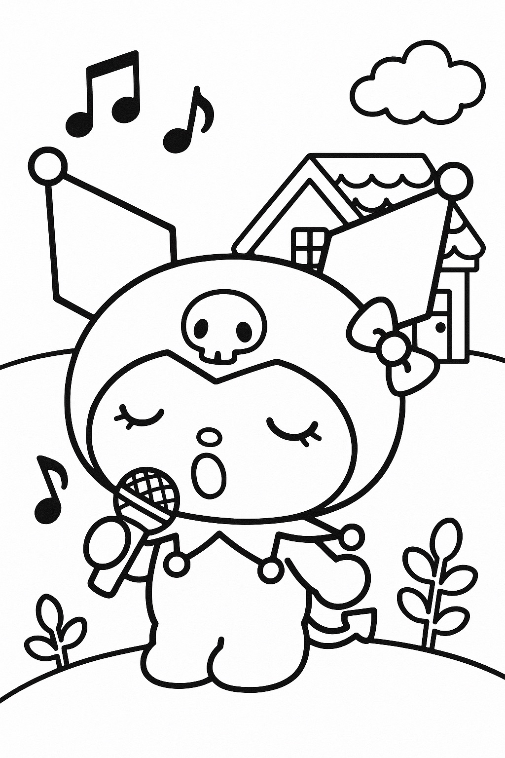 Kuromi cantando com microfone desenho para colorir e imprimir online