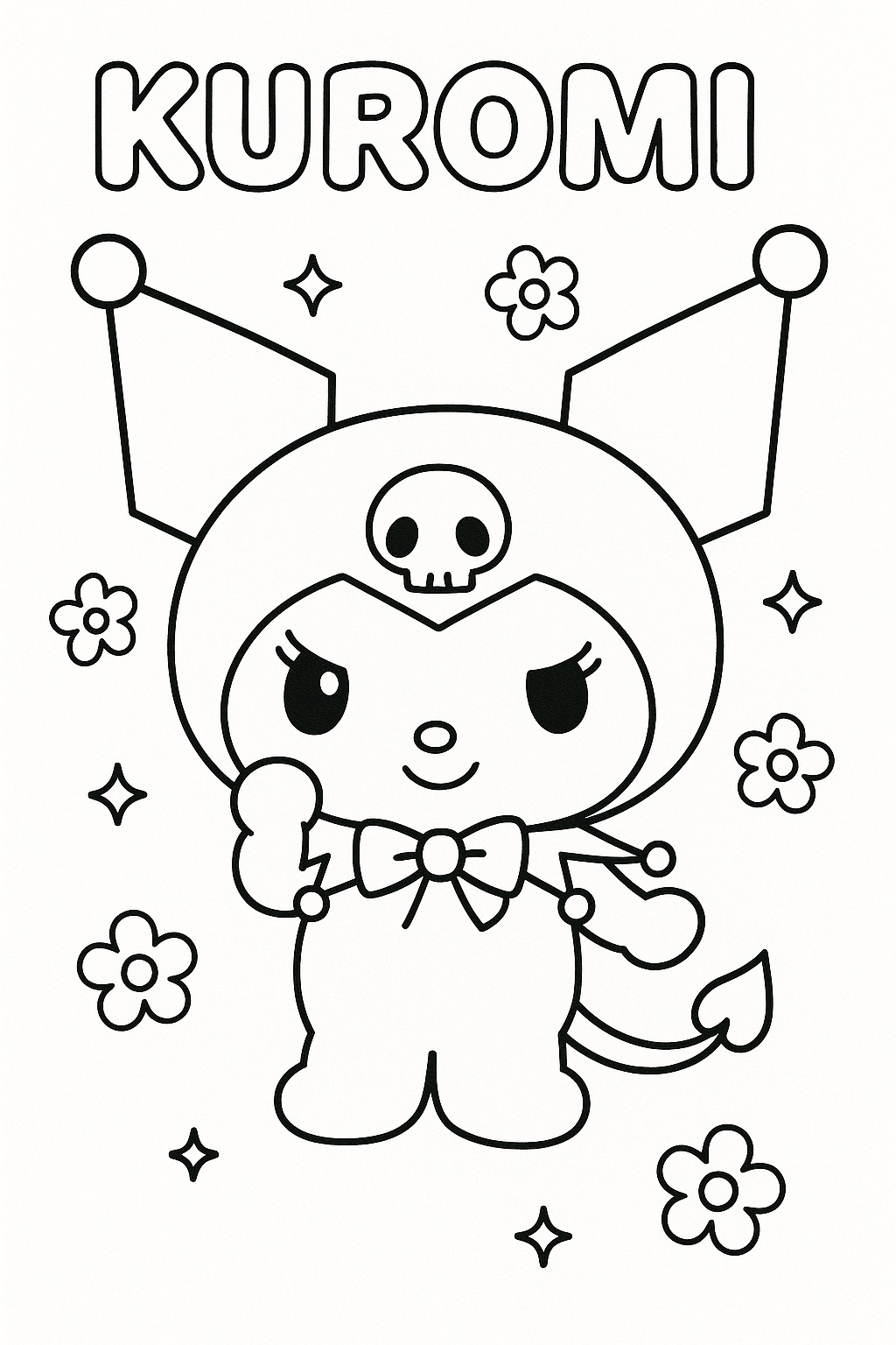 Desenho da Kuromi para colorir com caveira, flores e estrelas kawaii.