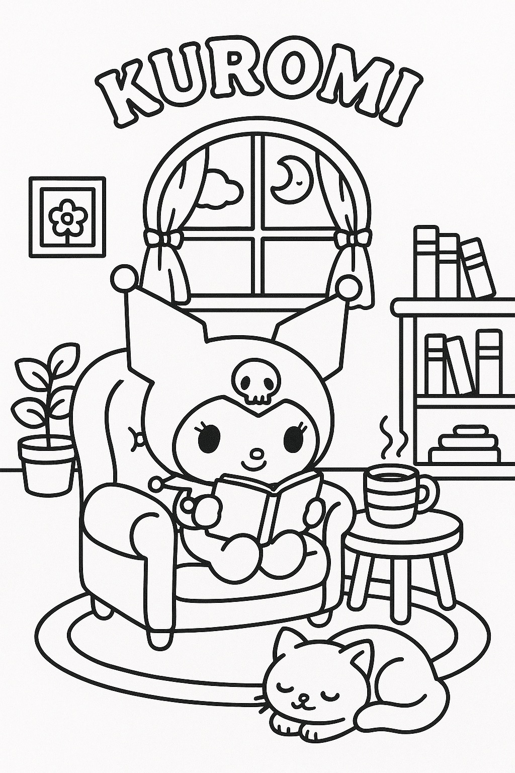Kuromi relaxando lendo livro com gato dormindo para colorir e imprimir