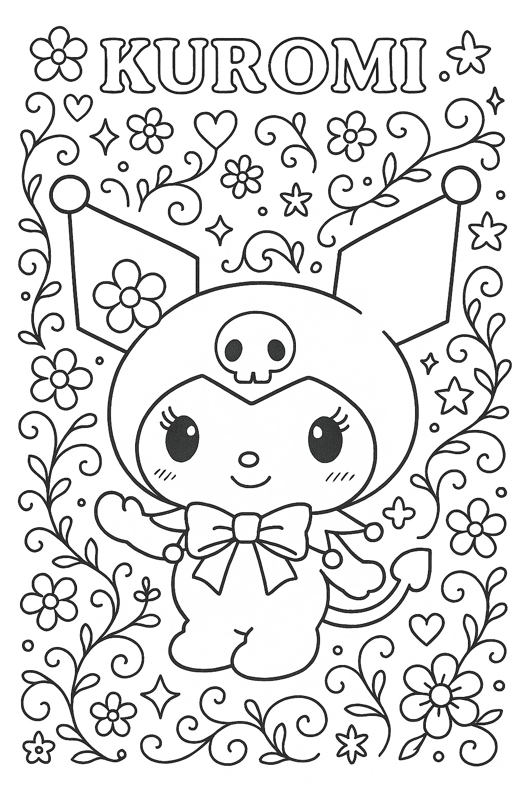 Kuromi para colorir com caveira, laço, flores e estrelas em preto e branco