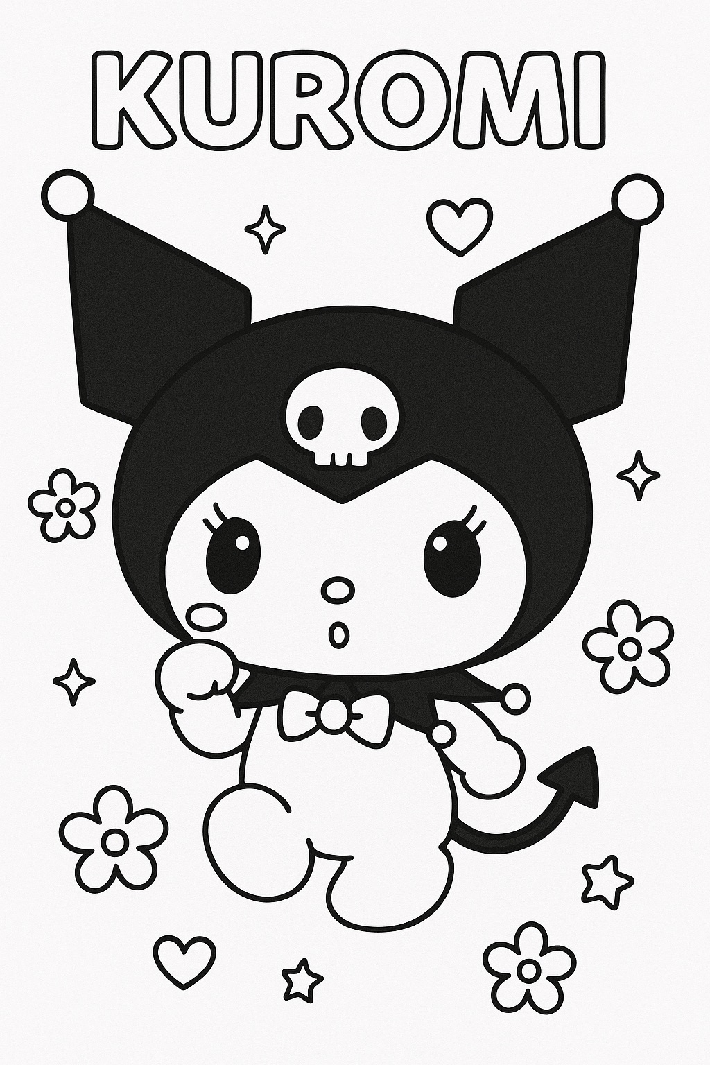 Ilustração da Kuromi para colorir com flores e estrelas ao redor