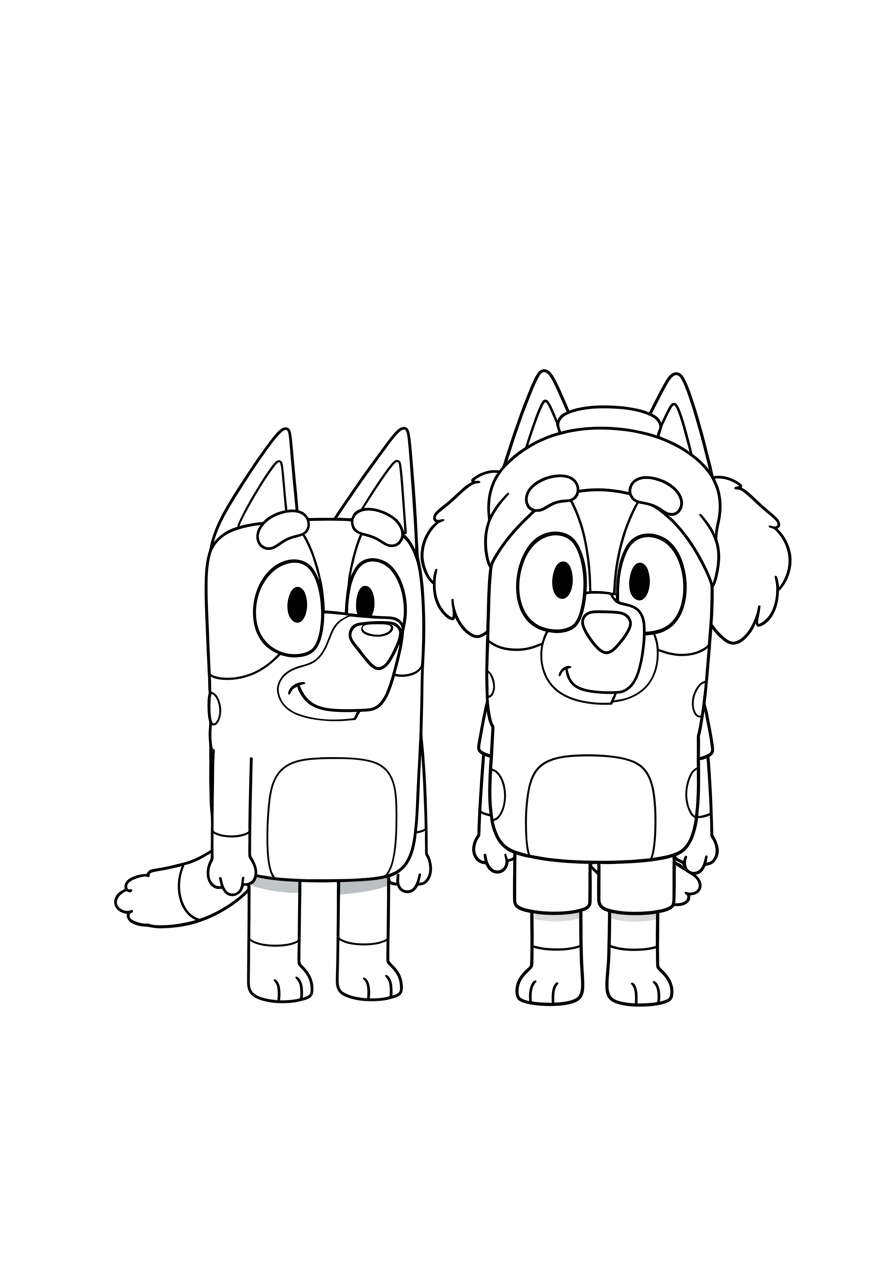 Desenho de Bluey e Bingo para colorir personagens infantis em preto e branco