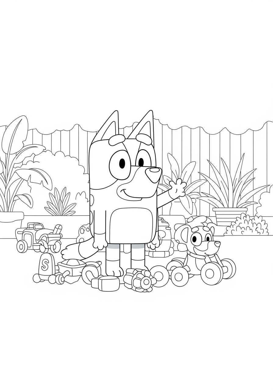 Bluey e amigo brincando no jardim desenho para colorir infantil